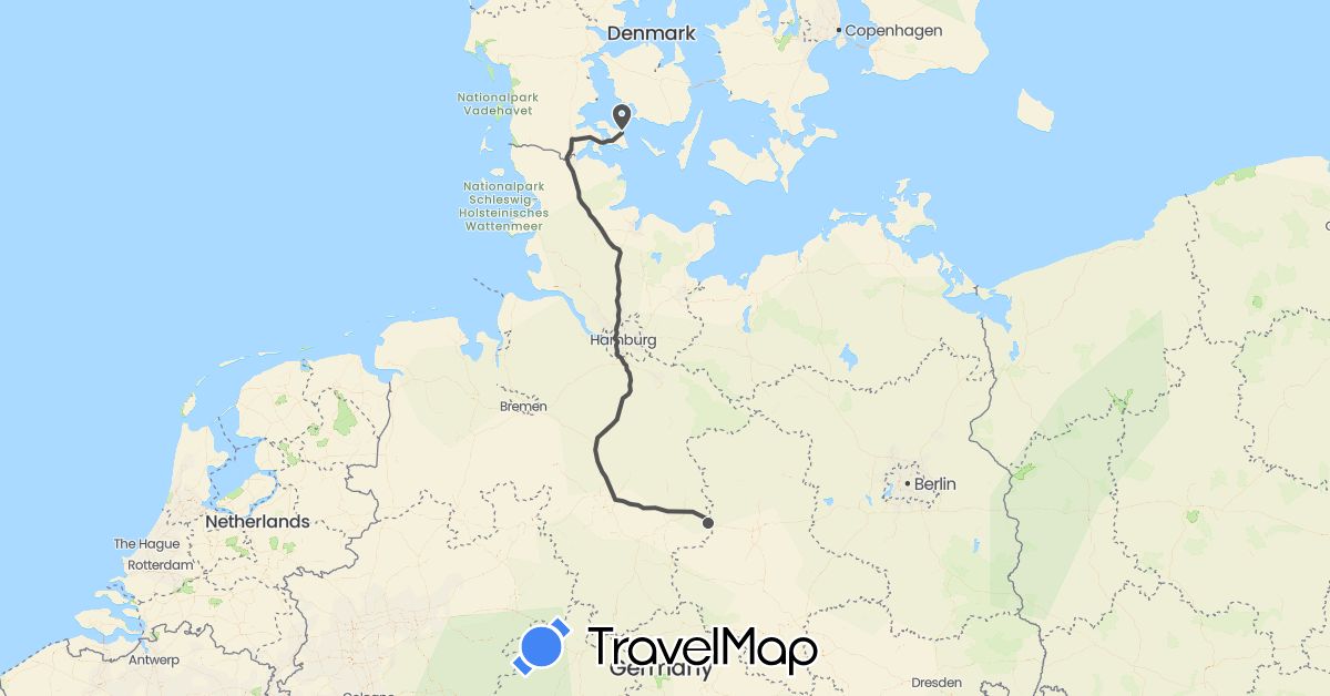 TravelMap itinerary: driving, motorbike in Germany, Denmark (Europe)